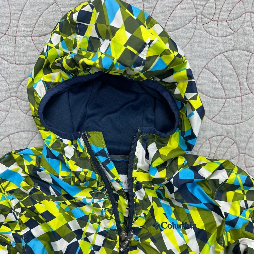 Columbia Windbreaker Jacket Hooded Full Zip Green Geometric / Boy's Small